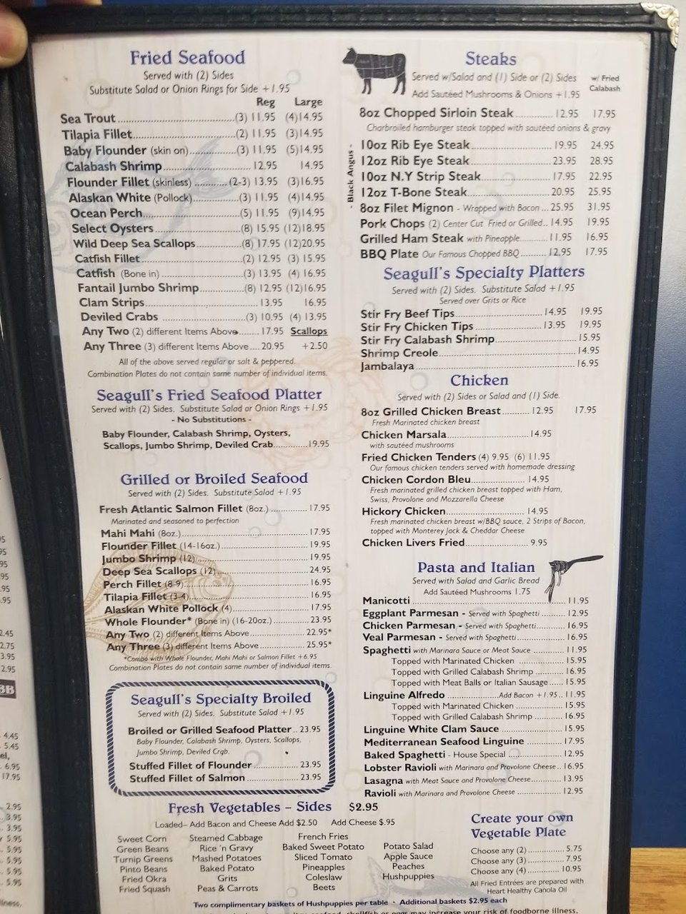 Printed menu featuring fried seafood and Italian plates.